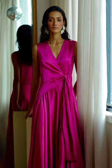 Shop_Lavanya Ahuja_Fuchsia Linen, Satin V-neck Kindred Spirit Tie Up Dress _Online_at_Aza_Fashions