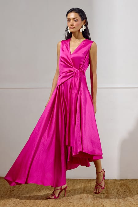 Lavanya Ahuja Fuchsia Linen, Satin V-neck Kindred Spirit Tie Up Dress 