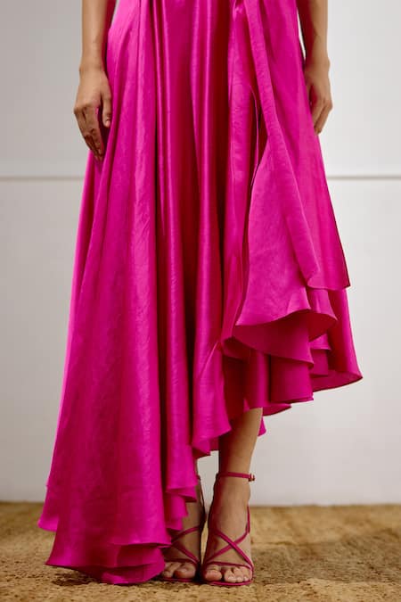 Buy_Lavanya Ahuja_Fuchsia Linen, Satin V-neck Kindred Spirit Tie Up Dress 