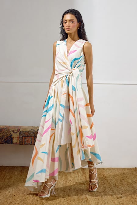 Buy_Lavanya Ahuja_Off White Cotton, Poplin V-neck Kindred Spirit Printed Tie Up Dress _Online_at_Aza_Fashions