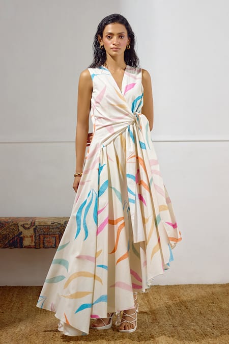 Shop_Lavanya Ahuja_Off White Cotton, Poplin V-neck Kindred Spirit Printed Tie Up Dress _Online_at_Aza_Fashions