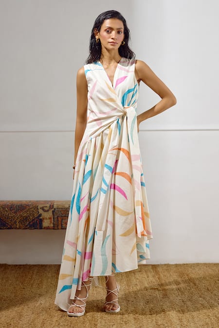 Lavanya Ahuja Off White Cotton, Poplin V-neck Kindred Spirit Printed Tie Up Dress 