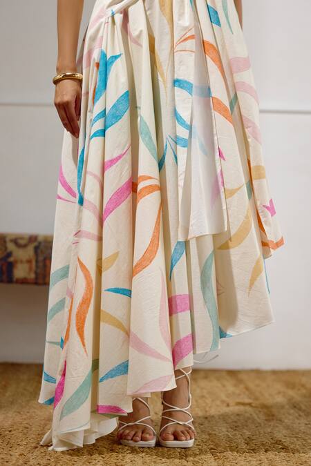 Buy_Lavanya Ahuja_Off White Cotton, Poplin V-neck Kindred Spirit Printed Tie Up Dress 