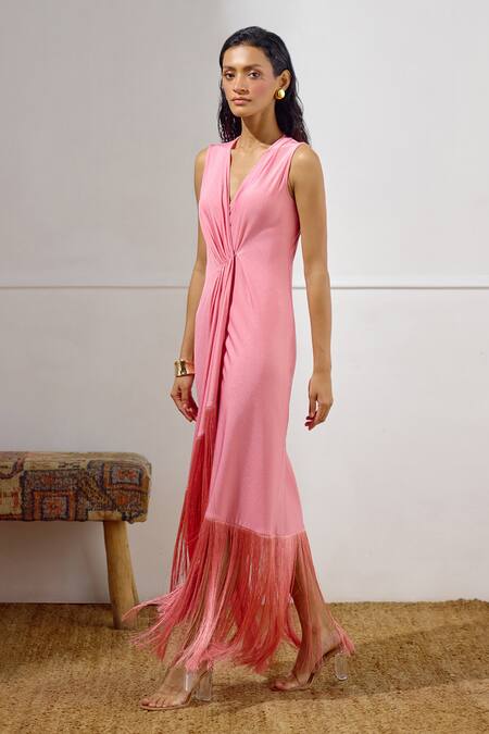 Lavanya Ahuja Pink Lycra Fringe V-neck Sunset Soiree Draped Wrap Dress Online at Aza Fashions Lavanya Ahuja_Pink Lycra Fringe V-neck Sunset Soiree Draped Wrap Dress _Online_at_Aza_Fashions