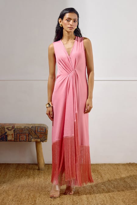 Lavanya Ahuja Pink Lycra Fringe V-neck Sunset Soiree Draped Wrap Dress 