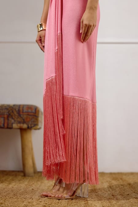 Buy Lavanya Ahuja Pink Lycra Fringe V-neck Sunset Soiree Draped Wrap Dress Online at Aza Fashions Buy_Lavanya Ahuja_Pink Lycra Fringe V-neck Sunset Soiree Draped Wrap Dress _Online_at_Aza_Fashions