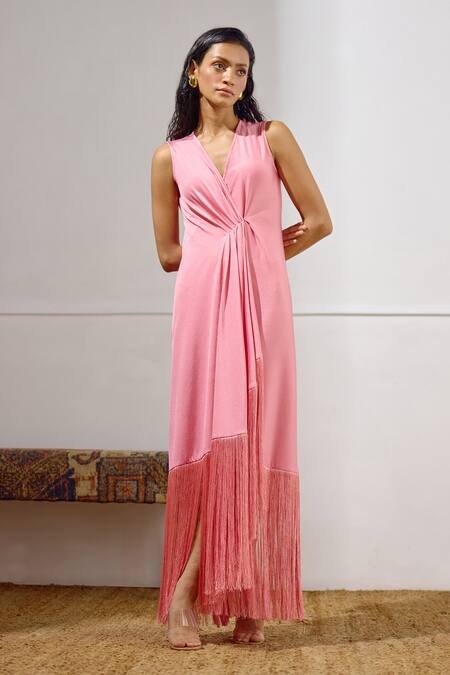 Shop Lavanya Ahuja Pink Lycra Fringe V-neck Sunset Soiree Draped Wrap Dress Online at Aza Fashions Shop_Lavanya Ahuja_Pink Lycra Fringe V-neck Sunset Soiree Draped Wrap Dress _Online_at_Aza_Fashions