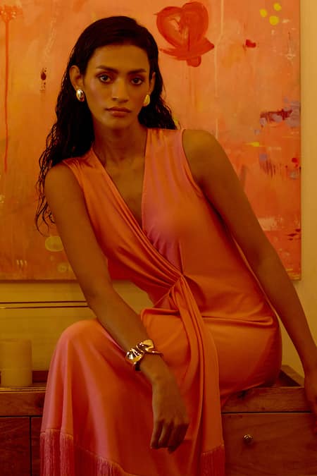 Buy Lavanya Ahuja Pink Lycra Fringe V-neck Sunset Soiree Draped Wrap Dress Buy_Lavanya Ahuja_Pink Lycra Fringe V-neck Sunset Soiree Draped Wrap Dress