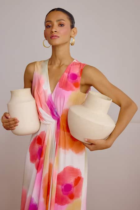 Lavanya Ahuja White Crepe V-neck Sunset Soiree Printed Wrap Dress Online at Aza Fashions Lavanya Ahuja_White Crepe V-neck Sunset Soiree Printed Wrap Dress _Online_at_Aza_Fashions