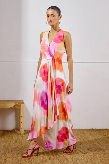 Lavanya Ahuja White Crepe V-neck Sunset Soiree Printed Wrap Dress at Aza Fashions Lavanya Ahuja_White Crepe V-neck Sunset Soiree Printed Wrap Dress _at_Aza_Fashions