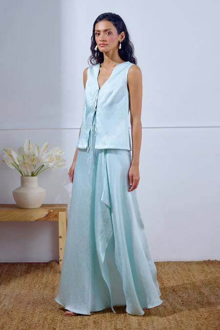 Shop Lavanya Ahuja Aqua Linen, Satin V-neck Unfurl Tie Up Top And Draped Skirt Set Online at Aza Fashions Shop_Lavanya Ahuja_Aqua Linen, Satin V-neck Unfurl Tie Up Top And Draped Skirt Set _Online_at_Aza_Fashions
