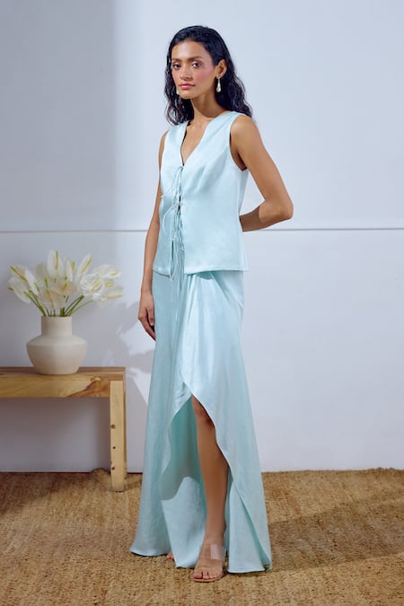 Buy Lavanya Ahuja Aqua Linen, Satin V-neck Unfurl Tie Up Top And Draped Skirt Set Buy_Lavanya Ahuja_Aqua Linen, Satin V-neck Unfurl Tie Up Top And Draped Skirt Set