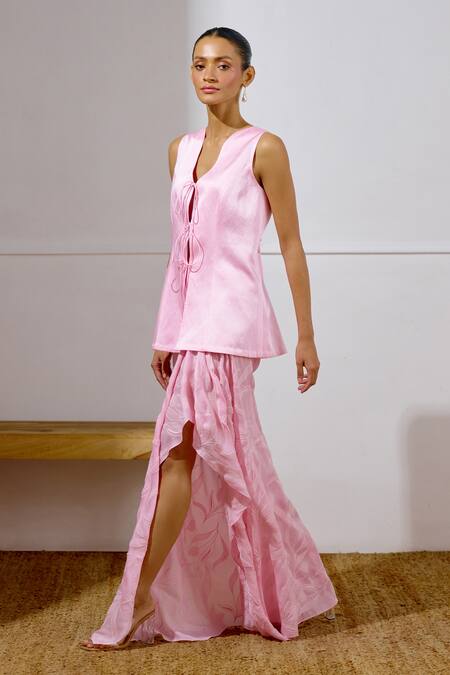 Shop Lavanya Ahuja Pink Linen, Satin, Organza Embroidery Unfurl Tie Up Top And Draped Skirt Set Online at Aza Fashions Shop_Lavanya Ahuja_Pink Linen, Satin, Organza Embroidery Unfurl Tie Up Top And Draped Skirt Set _Online_at_Aza_Fashions