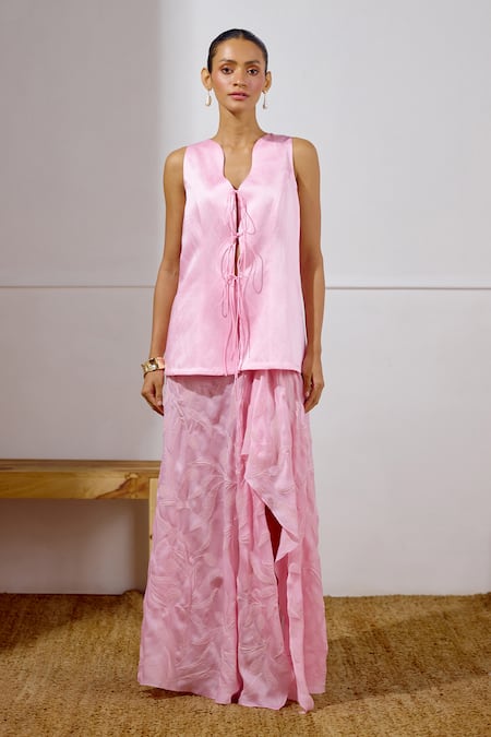 Lavanya Ahuja Pink Linen, Satin, Organza Embroidery Unfurl Tie Up Top And Draped Skirt Set at Aza Fashions Lavanya Ahuja_Pink Linen, Satin, Organza Embroidery Unfurl Tie Up Top And Draped Skirt Set _at_Aza_Fashions