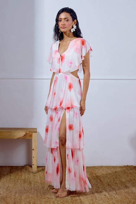 Lavanya Ahuja White Chiffon V-neck Flutter Printed Tiered Dress 