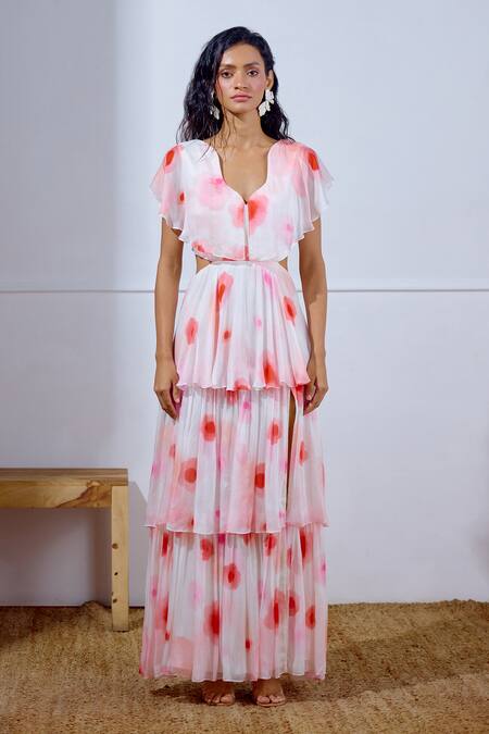Buy Lavanya Ahuja White Chiffon V-neck Flutter Printed Tiered Dress Online at Aza Fashions Buy_Lavanya Ahuja_White Chiffon V-neck Flutter Printed Tiered Dress _Online_at_Aza_Fashions