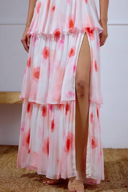 Shop Lavanya Ahuja White Chiffon V-neck Flutter Printed Tiered Dress Online at Aza Fashions Shop_Lavanya Ahuja_White Chiffon V-neck Flutter Printed Tiered Dress _Online_at_Aza_Fashions