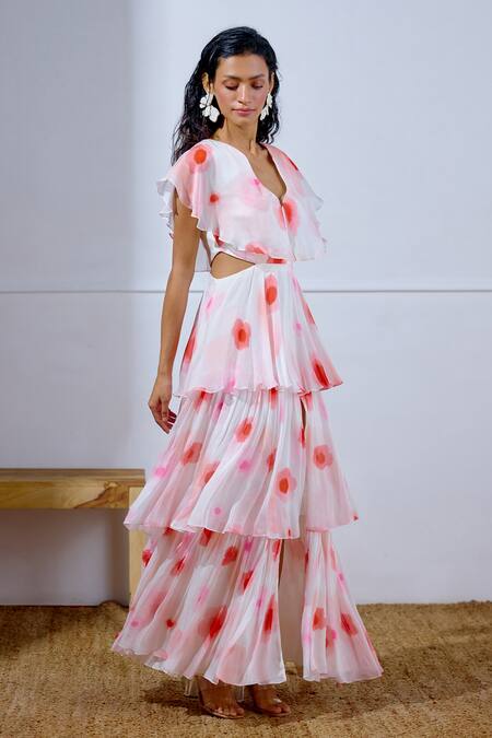 Lavanya Ahuja White Chiffon V-neck Flutter Printed Tiered Dress at Aza Fashions Lavanya Ahuja_White Chiffon V-neck Flutter Printed Tiered Dress _at_Aza_Fashions