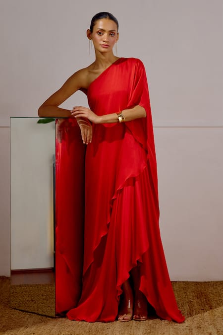 Lavanya Ahuja Red Satin, Georgette One Shoulder Unfurl Saree Gown 