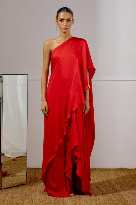 Buy Lavanya Ahuja Red Satin, Georgette One Shoulder Unfurl Saree Gown Online at Aza Fashions Buy_Lavanya Ahuja_Red Satin, Georgette One Shoulder Unfurl Saree Gown _Online_at_Aza_Fashions