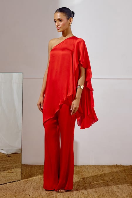 Buy_Lavanya Ahuja_Red Satin, Georgette One Shoulder Billow Asymmetrical Tunic And Pant Set _Online_at_Aza_Fashions