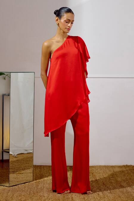 Shop_Lavanya Ahuja_Red Satin, Georgette One Shoulder Billow Asymmetrical Tunic And Pant Set _Online_at_Aza_Fashions