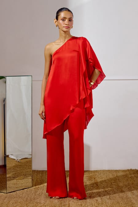 Lavanya Ahuja Red Satin, Georgette One Shoulder Billow Asymmetrical Tunic And Pant Set 