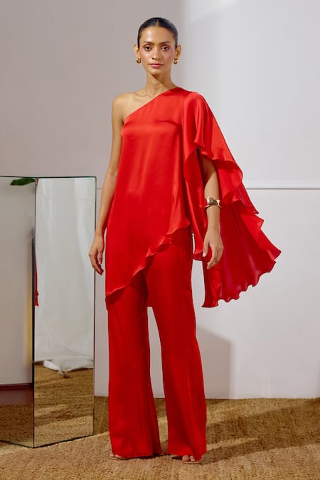 Buy_Lavanya Ahuja_Red Satin, Georgette One Shoulder Billow Asymmetrical Tunic And Pant Set 