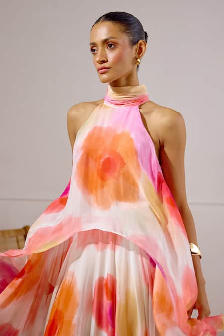 Lavanya Ahuja Pink Chiffon Halter Neck Zephyr Printed Layered Dress Online at Aza Fashions Lavanya Ahuja_Pink Chiffon Halter Neck Zephyr Printed Layered Dress _Online_at_Aza_Fashions