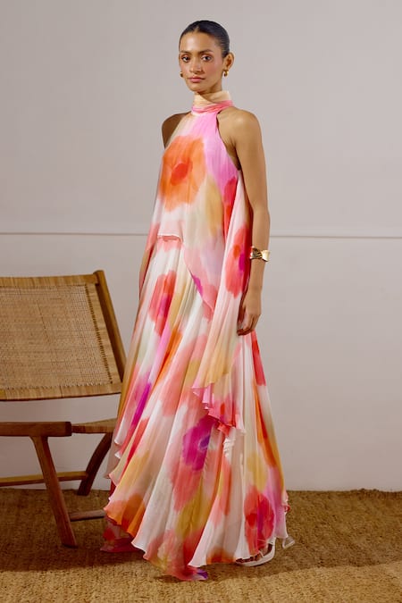 Shop Lavanya Ahuja Pink Chiffon Halter Neck Zephyr Printed Layered Dress Online at Aza Fashions Shop_Lavanya Ahuja_Pink Chiffon Halter Neck Zephyr Printed Layered Dress _Online_at_Aza_Fashions