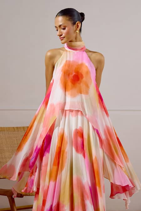 Lavanya Ahuja Pink Chiffon Halter Neck Zephyr Printed Layered Dress at Aza Fashions Lavanya Ahuja_Pink Chiffon Halter Neck Zephyr Printed Layered Dress _at_Aza_Fashions