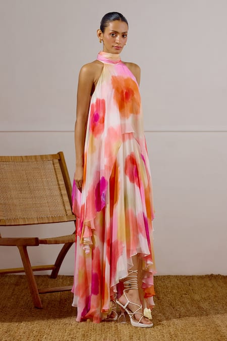 Lavanya Ahuja Pink Chiffon Halter Neck Zephyr Printed Layered Dress 