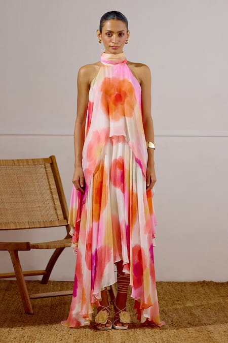 Buy Lavanya Ahuja Pink Chiffon Halter Neck Zephyr Printed Layered Dress Buy_Lavanya Ahuja_Pink Chiffon Halter Neck Zephyr Printed Layered Dress