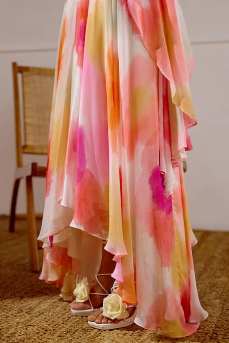 Shop Lavanya Ahuja Pink Chiffon Halter Neck Zephyr Printed Layered Dress Shop_Lavanya Ahuja_Pink Chiffon Halter Neck Zephyr Printed Layered Dress