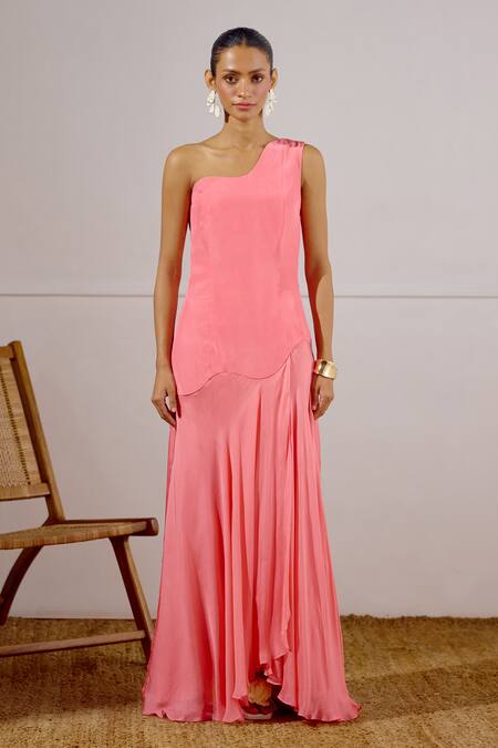 Buy_Lavanya Ahuja_Coral Chiffon, Crepe One Shoulder Flurry Asymmetrical Drop Waist Dress _Online_at_Aza_Fashions