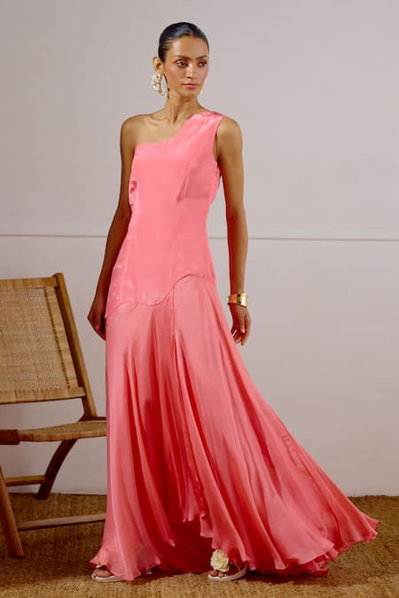 Shop_Lavanya Ahuja_Coral Chiffon, Crepe One Shoulder Flurry Asymmetrical Drop Waist Dress _Online_at_Aza_Fashions