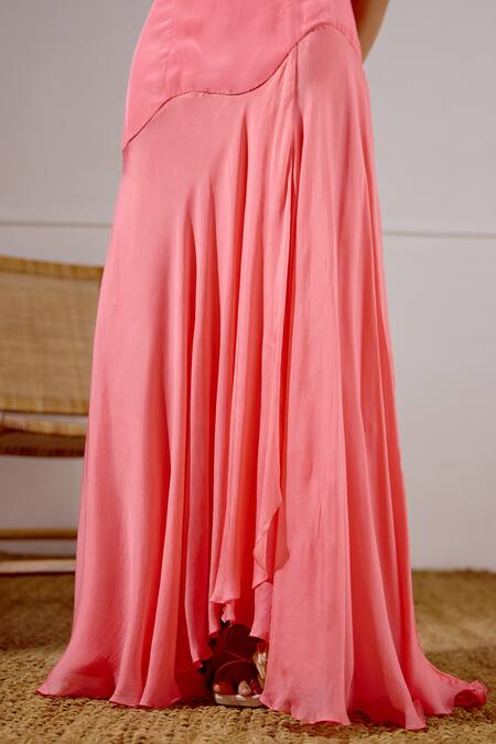 Buy_Lavanya Ahuja_Coral Chiffon, Crepe One Shoulder Flurry Asymmetrical Drop Waist Dress 