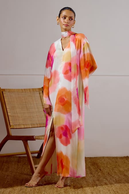 Buy_Lavanya Ahuja_Multi Color Chiffon V-neck Solstice Printed Kaftan _Online_at_Aza_Fashions