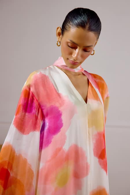 Shop_Lavanya Ahuja_Multi Color Chiffon V-neck Solstice Printed Kaftan _Online_at_Aza_Fashions