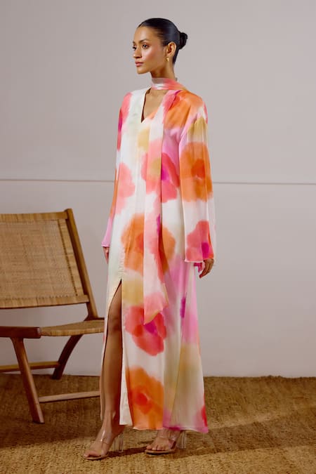 Lavanya Ahuja_Multi Color Chiffon V-neck Solstice Printed Kaftan _at_Aza_Fashions