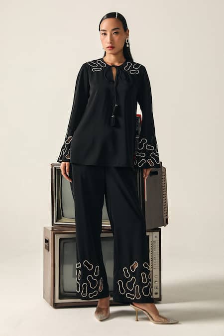 House Of Zeniaa Black Crepe Embroidery, Stones Split V-neck Athena Top And Pant Set
