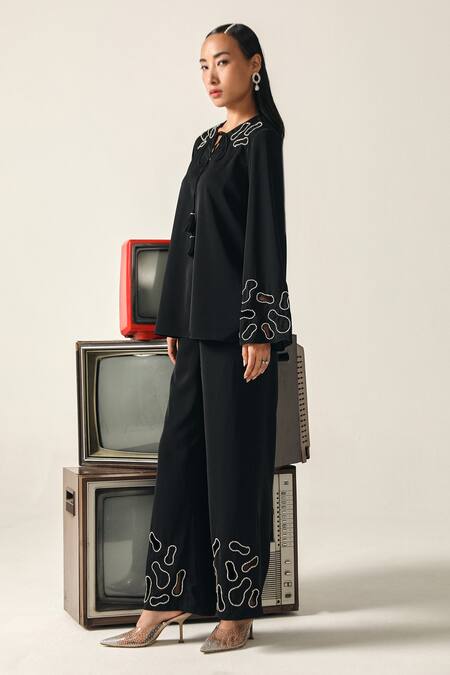Buy_House Of Zeniaa_Black Crepe Embroidery, Stones Split V-neck Athena Top And Pant Set_Online_at_Aza_Fashions