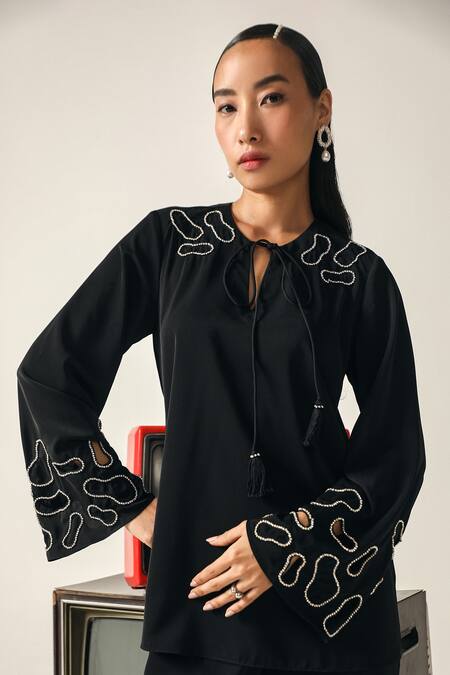 House Of Zeniaa_Black Crepe Embroidery, Stones Split V-neck Athena Top And Pant Set_at_Aza_Fashions