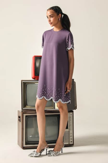 House Of Zeniaa_Purple Crepe Rhinestones, Beads Round Neck Savanna Embellished Dress _Online_at_Aza_Fashions