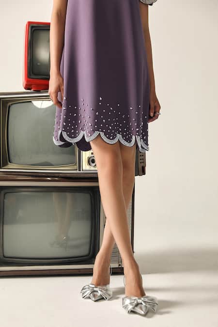 Buy_House Of Zeniaa_Purple Crepe Rhinestones, Beads Round Neck Savanna Embellished Dress _Online_at_Aza_Fashions