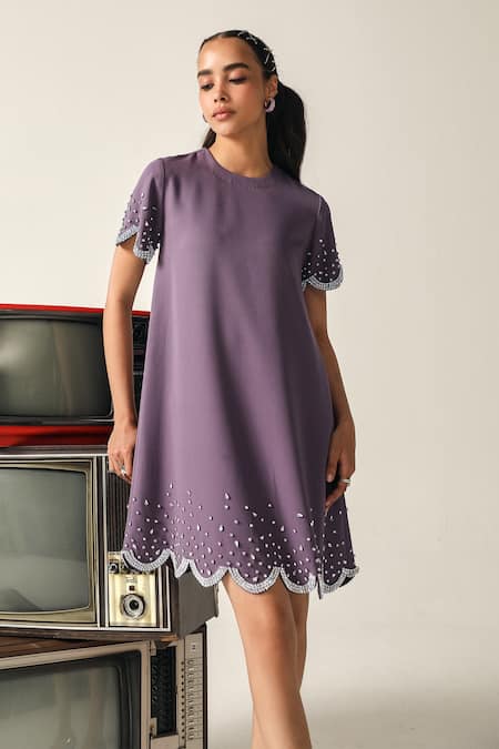 Shop_House Of Zeniaa_Purple Crepe Rhinestones, Beads Round Neck Savanna Embellished Dress _Online_at_Aza_Fashions