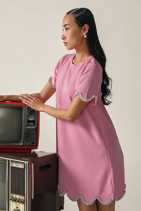 House Of Zeniaa_Pink Crepe Rhinestones Round Neck Ophelia Embellished Dress_Online_at_Aza_Fashions