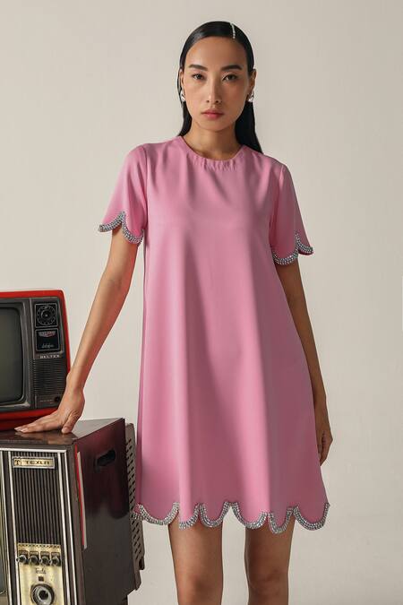 Buy_House Of Zeniaa_Pink Crepe Rhinestones Round Neck Ophelia Embellished Dress_Online_at_Aza_Fashions