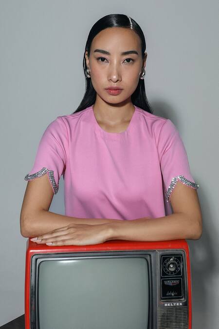 Shop_House Of Zeniaa_Pink Crepe Rhinestones Round Neck Ophelia Embellished Dress_Online_at_Aza_Fashions