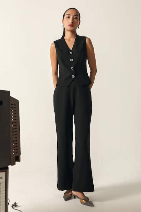 House Of Zeniaa Black Crepe V-neck Elena Solid Vest And Trouser Set